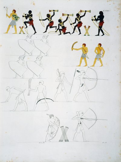 Escenas militares, soldados con arcos y flechas, de las tumbas de Beni Hasan, Lámina CXVIII, de los monumentos de Egipto y Nubia: monumentos civiles de Ippolito Rosellini