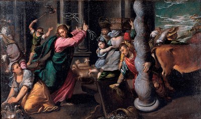 Le Christ chassant les marchands du temple - Cristo expulsando a los prestamistas del templo - Pintura de Ippolito Scarsellino (Scarsella) (1551-1620), Óleo sobre lienzo 1580-1585 (68x116 cm) - Musei Capitolini, Roma de Ippolito Scarcella