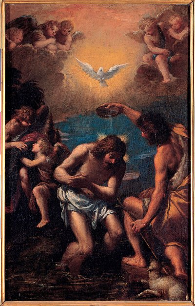 El bautismo de Cristo - San Juan Bautista bautiza a Jesucristo con las aguas del Jordán con, sobre ellas, la paloma del Espíritu Santo (Espíritu Santo) - El Bautismo de Cristo - Pintura de Ippolito Scarsellino (Scarsella) (1551- 1620) ), Óleo sobre madera  de Ippolito Scarcella