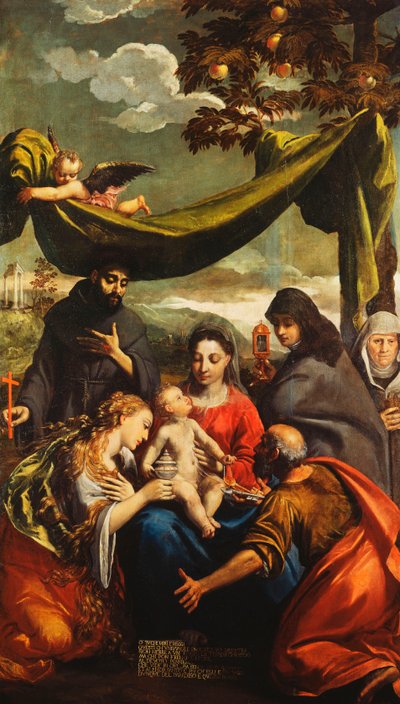 La Madonna y el Niño con los santos María Magdalena, Pedro, Clara y Francisco y un retrato de la abadesa de Ippolito Scarsella