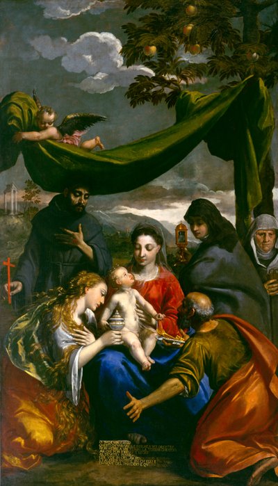 Virgen y Niño con los santos María Magdalena, Pedro, Clara, Francisco y una abadesa, c.1600 de Ippolito Scarsella