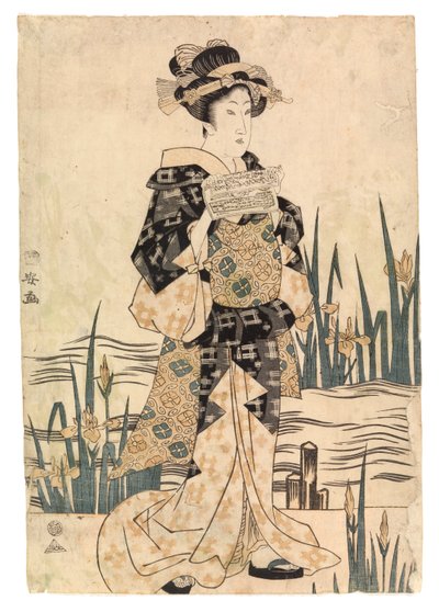 Dama "bijin" leyendo papel en un puente, c.1811-17 (xilografía en color) de Ipposai Kuniyasu