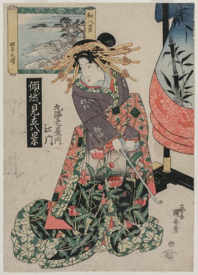 La cortesana Emon de Maruebiya con una vista de la bahía de Tago de Ipposai Kuniyasu