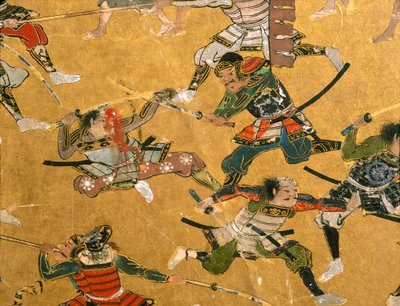 Detalle de los paneles que representan la Batalla de Osaka y otras escenas de batallas, Museo del Castillo de Osaka, 2005 (foto) de Ira Block