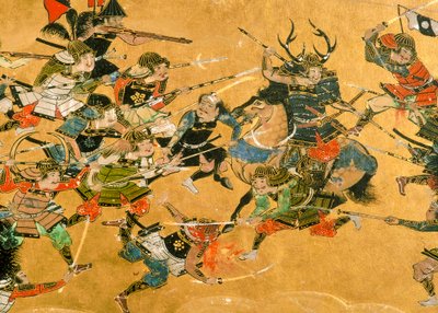 Los dos paneles centrales representan escenas de la Batalla de Osaka, Japón, 2005 (foto) de Ira Block