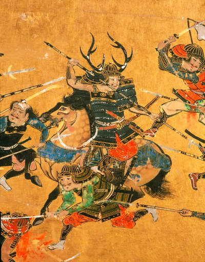 Samuari- 2 paneles que representan una escena detallada de la Batalla de Osaka., 2005 (foto) de Ira Block