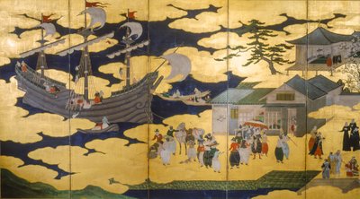 Samurai- Biombo de Namban Byobus- Bárbaros del Sur- Un barco portugués entrando en un puerto japonés..., 2005 (foto) de Ira Block