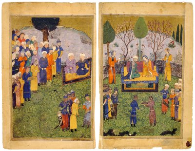 Una pareja principesca con cortesanos en un jardín. Del libro Shahnama de los Reyes de Iranian Master