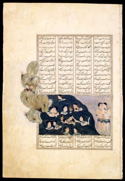 Iskander observando a las sirenas. Iluminación de manuscrito del épico Iskandar-nameh de Iranian Master