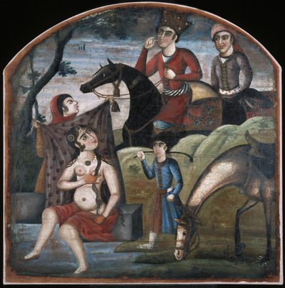 Khusraw descubre a Shirin bañándose. Del ciclo pictórico de ocho temas poéticos, mediados del siglo XVIII de Iranian Master