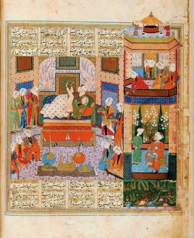 La consumación del matrimonio entre Khusraw y Shirin Miniatura del ciclo de ocho poetas de Iranian Master