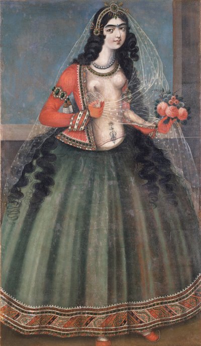 Mujer sosteniendo un ramo de rosas, mediados del siglo XIX de Iranian Master