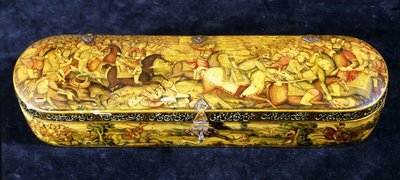 Una caja de bolígrafo de papel maché, la parte superior pintada con la batalla de Chaldiran de Iranian School