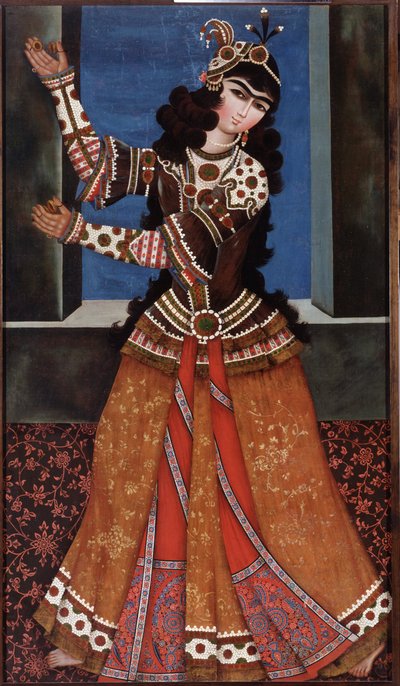 Bailarina con castañuelas - Pintura de un maestro iraní, óleo sobre lienzo (158x90 cm), principios del siglo XIX - Bailarina con castañuelas, óleo sobre lienzo de un maestro iraní, principios del siglo XIX - State Hermitage, San Petersburgo de Iranian School