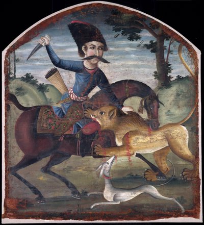 Cazador a caballo atacado por un león de Iranian School