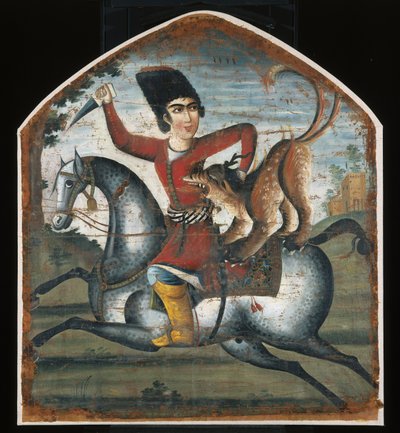 Cazador a caballo atacado por una bestia mítica de Iranian School