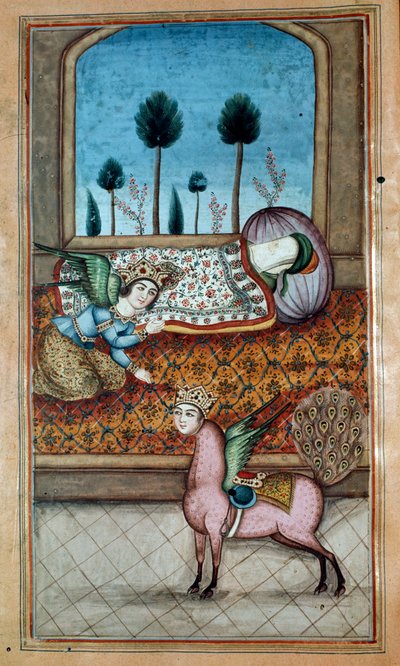 Lailah y el Arcángel Gabriel aparecen al Profeta dormido y Al-Baruq, del poema épico de Nezami de Iranian School
