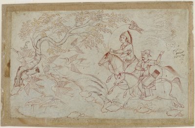 Dos jinetes cazando con halcón, 1640s de Iranian School