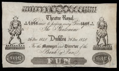 Anuncio de un pantomima en el Theatre Royal, Dublín, basado en un billete del Banco de Irlanda de Irish School