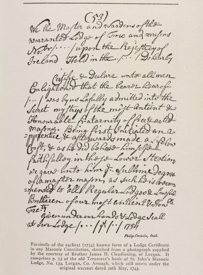 Certificado más antiguo conocido (irlandés) con un sello de la Gran Logia, 1762 de Irish School