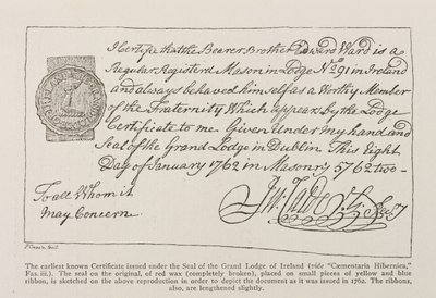 Facsímil del certificado más antiguo conocido emitido bajo el sello de la Gran Logia de Irlanda, fechado en 1762 de Irish School