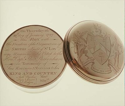 Caja de libertad, presentada al Hon. T. Pakenham en 1797 por la Corporación de Herreros, hecha por James Keating, Dublín de Irish School
