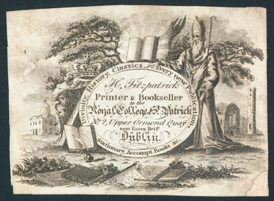 H Fitzpatrick, impresor y librero del Royal College of Saint Patrick, tarjeta comercial de Irish School