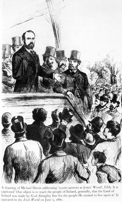 Michael Davitt dirigiéndose a 100,000 personas en Jones Wood, EE.UU., de Irish World, 5 de junio de 1880 de Irish School