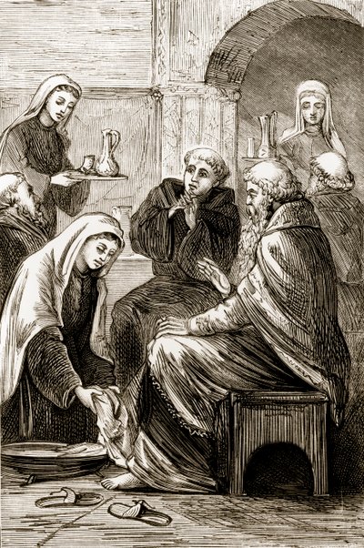 Santa Brígida entreteniendo a un obispo, de The Trias Thaumaturga, o Tres Santos Milagrosos de Irlanda, por Mary Cusack (1829-99) publicado c.1890s de Irish School