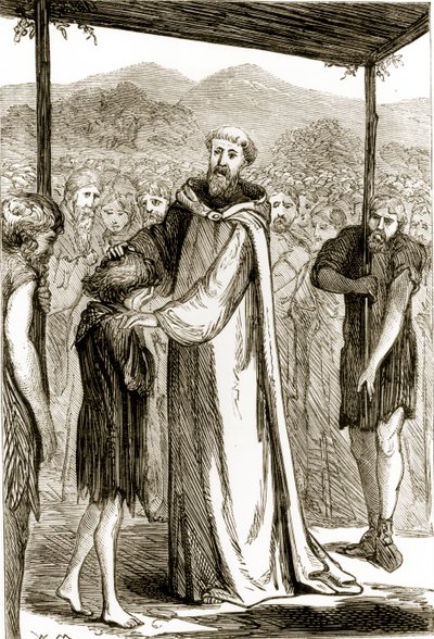 San Columba bendice a un niño salvaje, de The Trias Thaumaturga, o Tres Santos Milagrosos de Irlanda, por Mary Cusack (1829-99) publicado c.1890s de Irish School