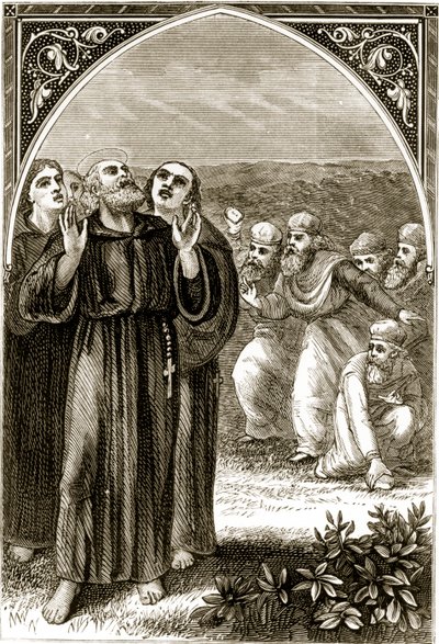 San Columba cantando, y atacado por los druidas, de The Trias Thaumaturga, o Tres Santos Milagrosos de Irlanda, por Mary Cusack (1829-99) publicado c.1890s de Irish School