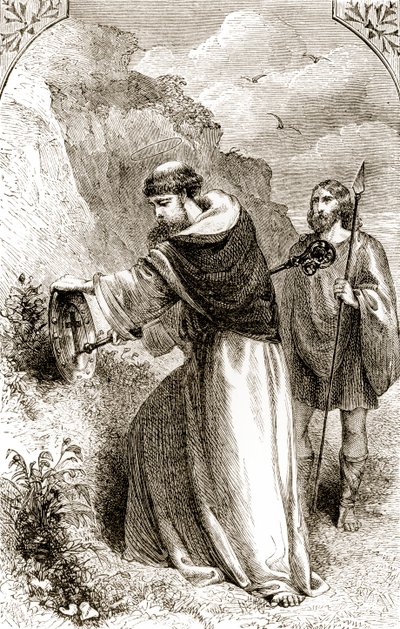 San Patricio marcando el escudo de Connal con la Cruz, de The Trias Thaumaturga, o Tres Santos Milagrosos de Irlanda, por Mary Cusack (1829-99) publicado c.1890s de Irish School