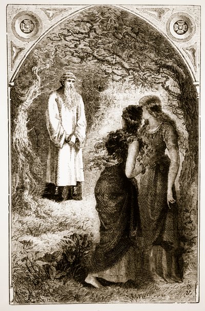 San Patricio encontrado por vírgenes en el bosque de Fochlut, de The Trias Thaumaturga, o Tres Santos Milagrosos de Irlanda, por Mary Cusack (1829-99) publicado c.1890s de Irish School