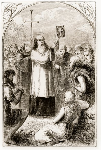 San Patricio mostrando al pueblo de Irlanda los Cuatro Evangelios, de The Trias Thaumaturga, o Tres Santos Milagrosos de Irlanda, por Mary Cusack (1829-99) publicado c.1890s de Irish School