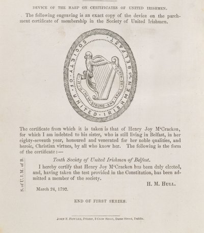 Sello de la Sociedad de Irlandeses Unidos de Belfast, hacia 1792 (grabado) de Irish School