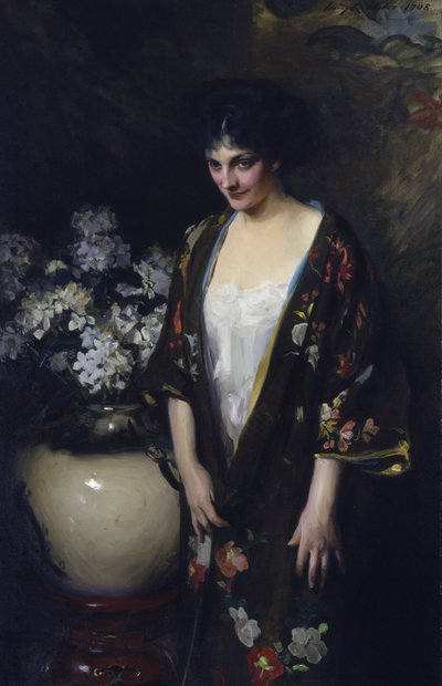 Kimono marrón (Retrato de Kathryn Beta la Forque) de Irving R. Wiles