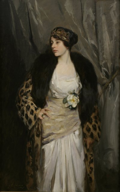 Gladys Wiles en un abrigo de leopardo (The Leopard Coat) de Irving Ramsay Wiles