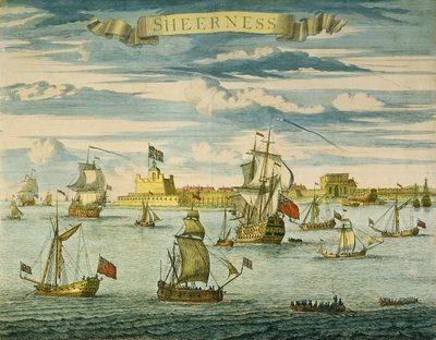 Sheerness, Kent, grabado por Johannes Kip (1652-1722) (grabado coloreado a mano) de Isaac (after) Sailmaker