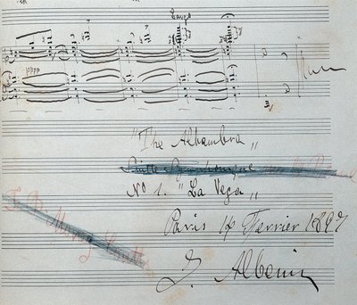 Partitura de la suite para piano "" La Vega "" con autógrafo de Isaac Albeniz (1860-1909), compositor y pianista español. Fecha del manuscrito: 14 de febrero de 1897. Biblioteca Nacional de Cataluña. de Isaac Albeniz
