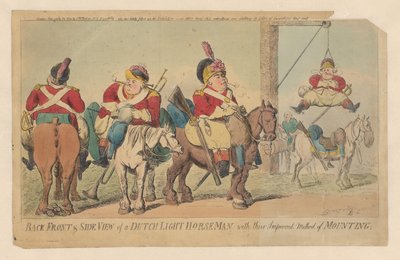 Método mejorado de la caballería ligera holandesa para montar a caballo. Vista trasera, frontal y lateral de un jinete ligero holandés, con su método mejorado de montaje (título sobre el objeto) de Isaac Cruikshank (signed by artist)