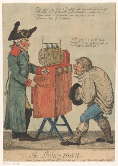 Hombre con un gabinete de visualización The Show Man (título en el objeto) de Isaac Cruikshank