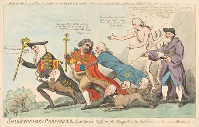 La profecía de Shakespeare, el último acto de alguien en La tempestad, o las grajillas con plumas prestadas (de: Caricature, vol. 3) de Isaac Cruikshank