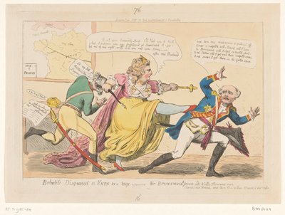 Spotprent op Catalina II, 1792 Bobadil en desgracia o Kate enfurecida - Para Brunswicks Duke (título sobre el objeto) de Isaac Cruikshank