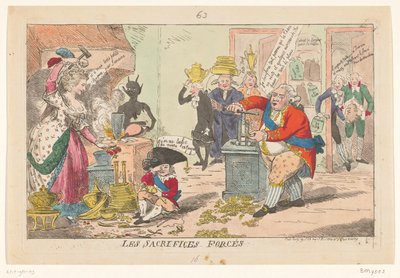 Spotlight op Marie Antoinette en Lodewijk XVI, 1789 Sacrificios forzados (título sobre el objeto) de Isaac Cruikshank
