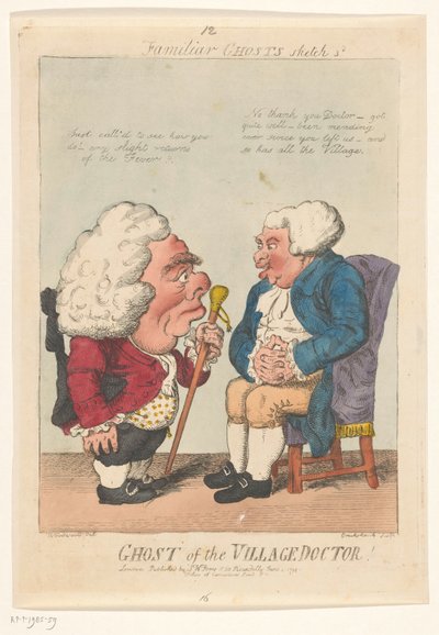 Spotprent op de dorpsarts, 1799 ¡Fantasma del médico del pueblo! (título en el objeto) Fantasmas familiares (título de la serie en el objeto) de Isaac Cruikshank