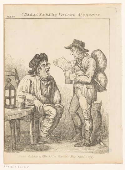 Dos hombres en un pub de pueblo en Derbyshire Personajes en una cervecería de pueblo (título original) Escenas de género de diferentes partes de Inglaterra y Gales (título de la serie) Excéntricas Excursiones o Bocetos Literarios y Pictóricos de Semblante, de Isaac Cruikshank