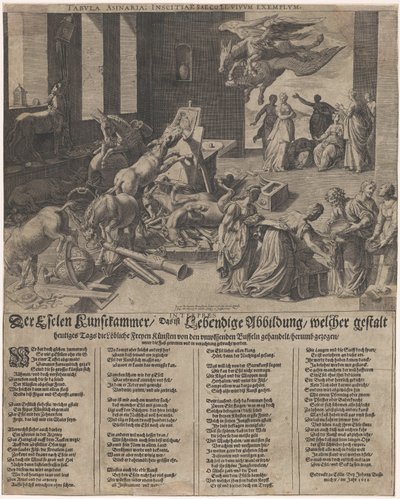 Ezels usa una cámara de arte El burro Kunstkammer, que es una ilustración viva, en la forma en que hoy se manejan las loables artes libres, arrastradas por el ignorante búfalo (...) (título sobre objeto) de Isaac Duchemin