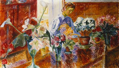 Un interior con una mujer regando las plantas de Isaac Grunwald