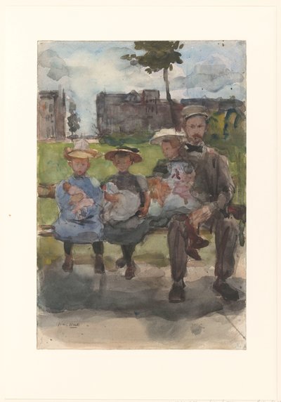 Un hombre con tres chicas en un banco del Oosterpark de Ámsterdam de Isaac Israels