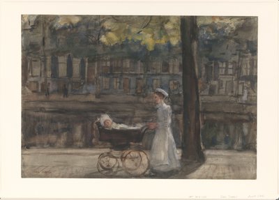 Sirvienta con cochecito en el canal Keizersgracht de Isaac Israels